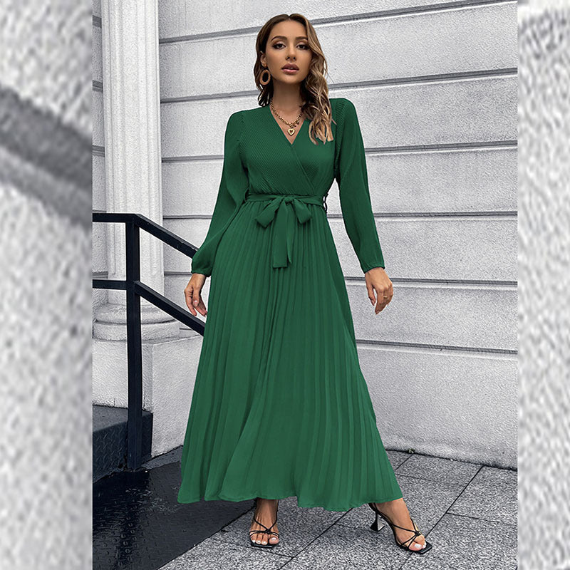 Women Fashion Casual Elegant Solid Color V-Neck Lace-Up Long-Sleeved Creased Mid-Length Dress