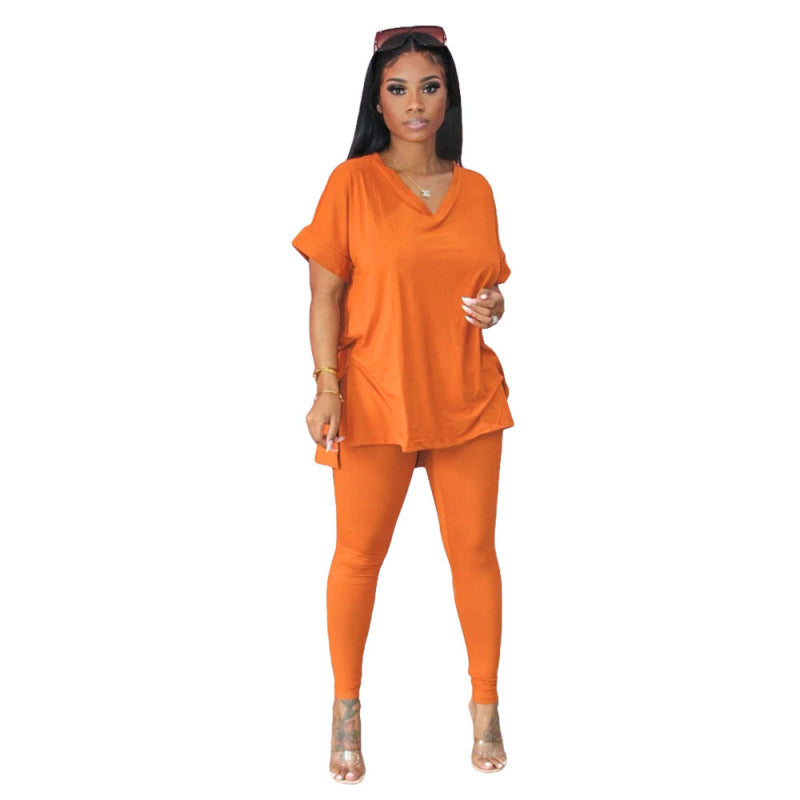 Conjunto de dos piezas para mujer, cuello en V, color liso, holgado, informal, de manga corta, top y pantalón
