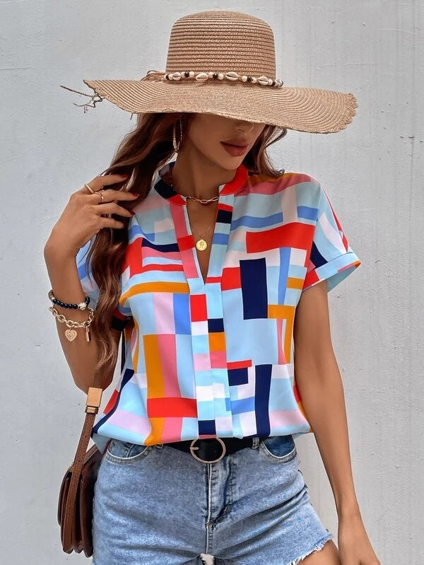 Blusas casuales de manga corta con cuello en V y estampado a cuadros para mujer