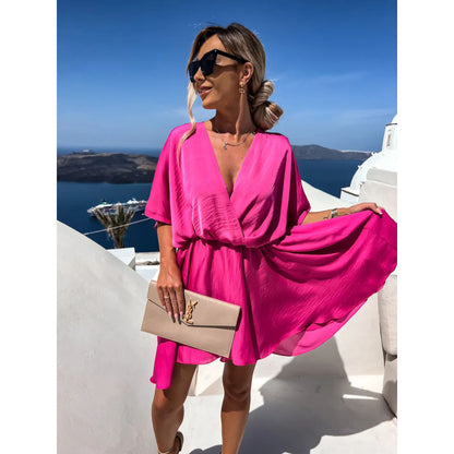 Spring Summer Solid Color Satin Loose Casual Vacation V Neck Dress