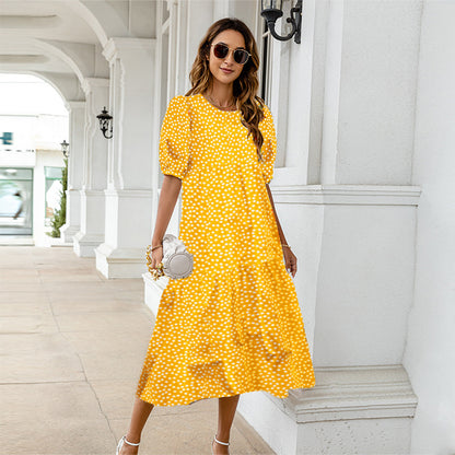 Summer Women Casual Bohemian Short Sleeves Polka Dot Print Loose Ruffle Dress