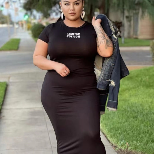 Women Fashion Casual Basic Letter Print Short Sleeve Round Neck Tight Dress