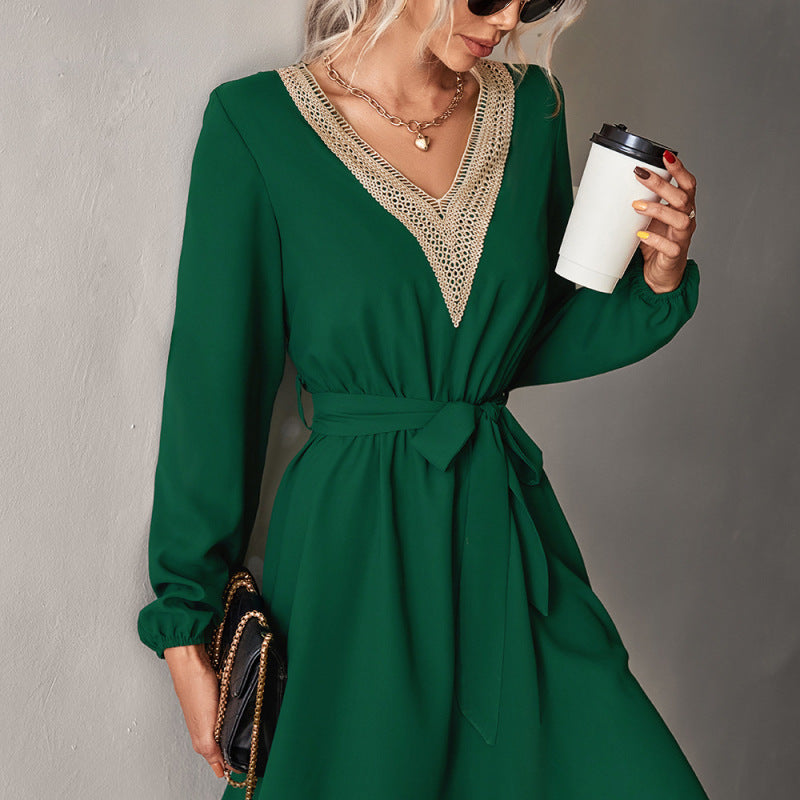Vestido informal de manga larga con encaje y escote en V para mujer, moda Otoño Invierno