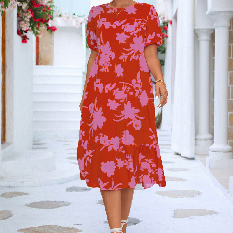 Summer Vacation Women'S Casual Loose Puff Sleeve Floral Printed Midi Dress