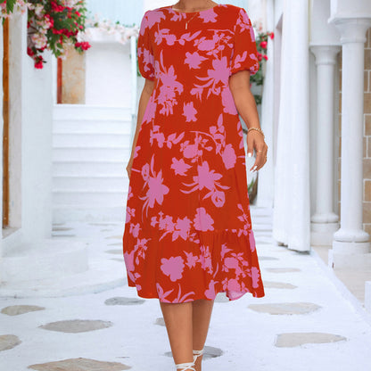 Summer Vacation Women'S Casual Loose Puff Sleeve Floral Printed Midi Dress