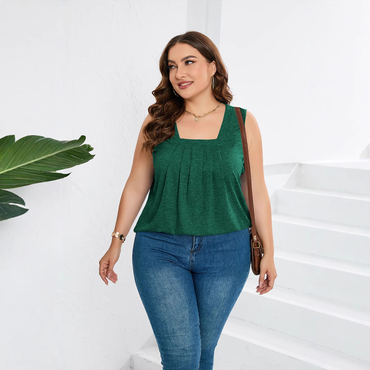 Women Casual Plus Size Solid Color Pleated Square Neck Loose Tank Top