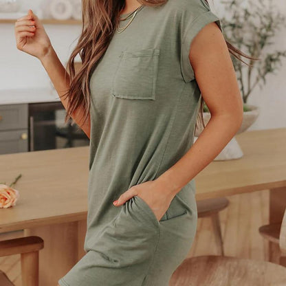 Women Fashion Casual Round Neck Solid Color Short Sleeve Dress
