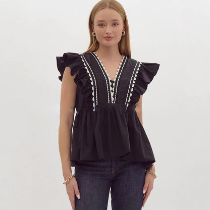 Camiseta informal con cuello en V y mangas con volantes para mujer