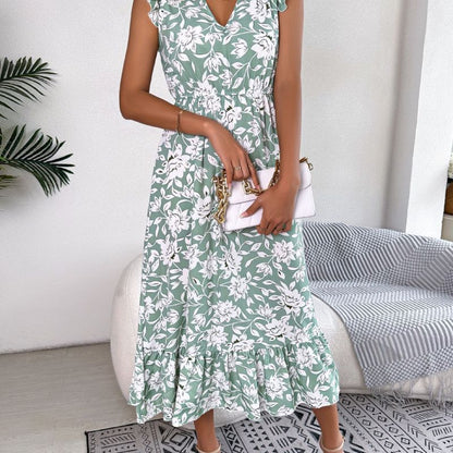 Vestido de fiesta floral con orejeras de madera, informal y de moda para mujer
