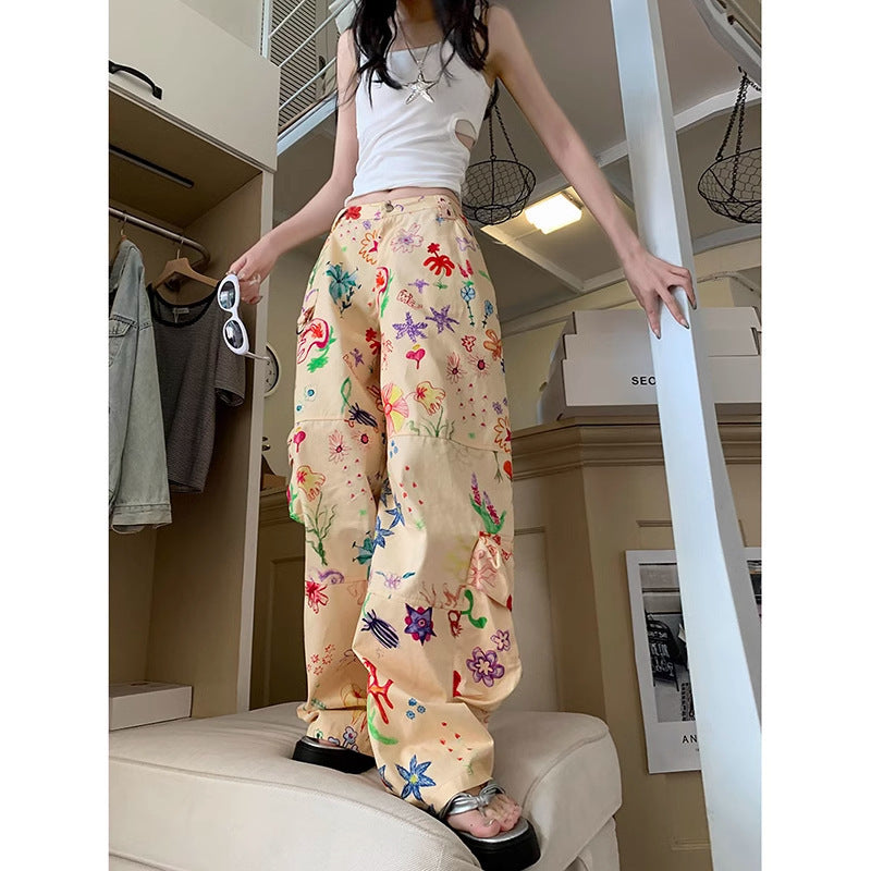 Women Graffiti Flower Print Casual Overalls Summer High Waist Loose Cargo Pants