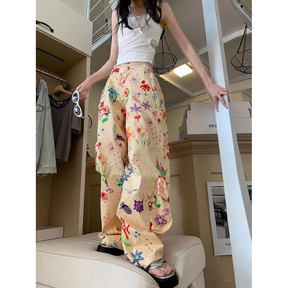 Women Graffiti Flower Print Casual Overalls Summer High Waist Loose Cargo Pants