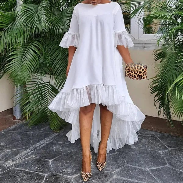 Women Plus Size Casual Mesh Stitching Irregular Hem Dress