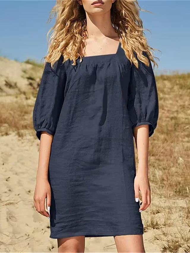 Women Fashion Casual Simple Square Collar Cotton Linen Puff Sleeve Slim Fit Dress