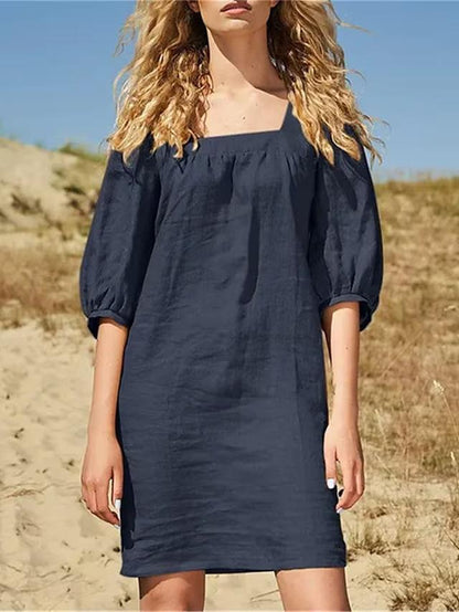 Women Fashion Casual Simple Square Collar Cotton Linen Puff Sleeve Slim Fit Dress