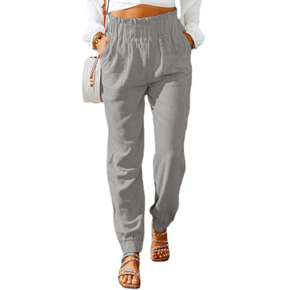 Women Ruffled Elastic Belt Mid Waist Solid Color Casual Jogger Pants