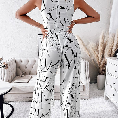 Women Fashion Casual Irregular Printing Sleeveless Jumpsuit