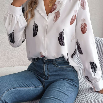 Blusa informal de manga larga con estampado de plumas para mujer