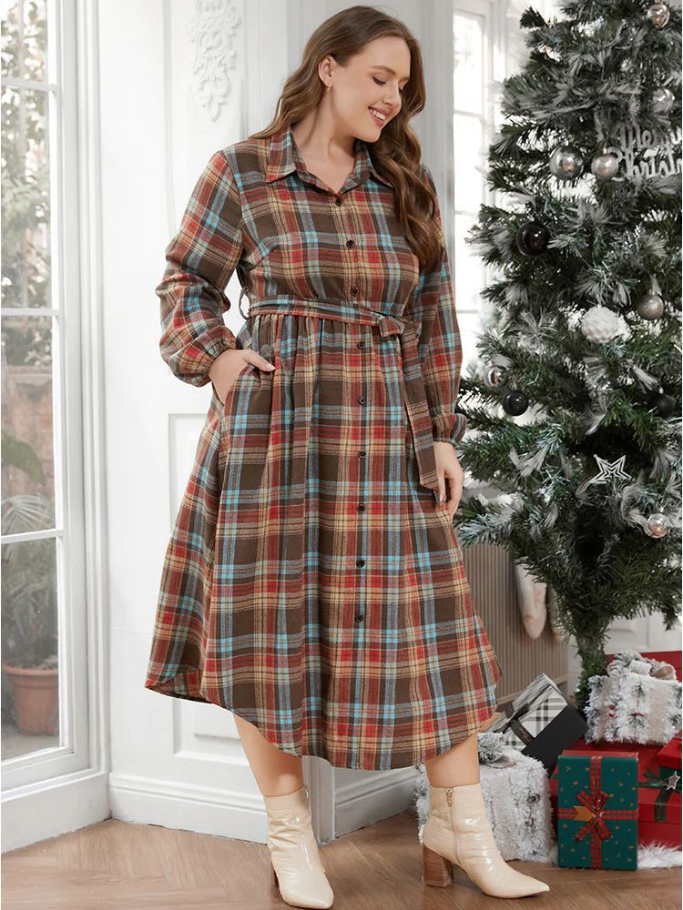 Plus Size Women Casual Plaid Long Sleeve Dress