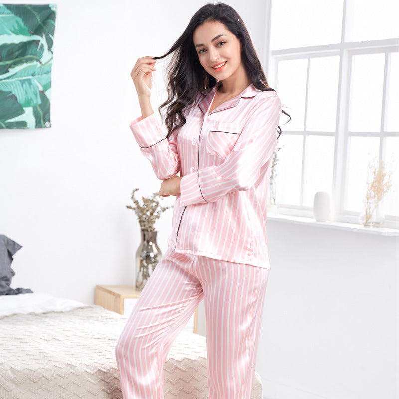 Conjunto de pijama informal de manga larga con estampado de rayas para mujer