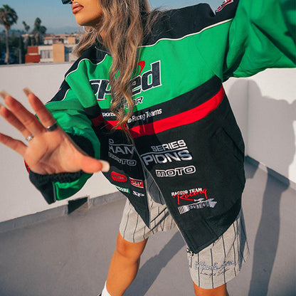 Chaqueta de béisbol holgada informal con estampado de letras punk y manga larga con cremallera para mujer