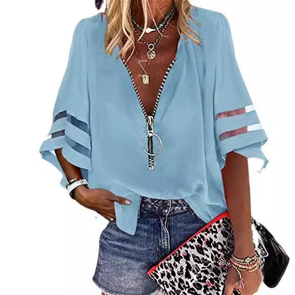 Blusa informal de mujer con cuello en V, media cremallera y mangas acampanadas