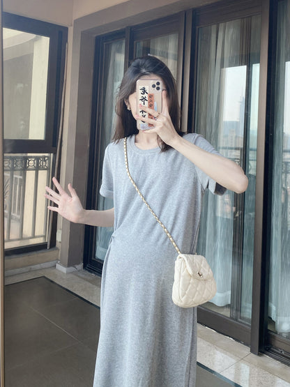 Pregnant Women Casual Solid Color Round Neck Short Sleeve Loose Dress