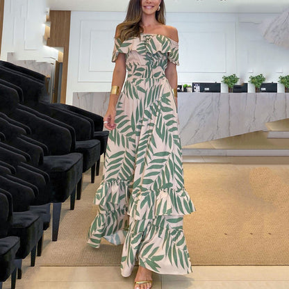 Vestido largo informal con estampado de hojas y cuello barco para mujer, cintura elástica
