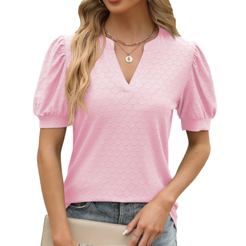 Blusa informal de verano para mujer, holgada, con escote en V, mangas abullonadas y plisada de manga corta