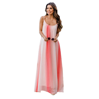 Women Fashion Casual Vacation Beach Gradient Chiffon Strap Dress