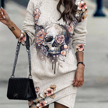Winter Fashion Women Casual Skull Letter Printed Turtle Neck Long Sleeve Irregular Hemline Dress