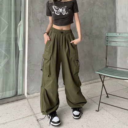 Pantalones cargo holgados de pierna de color sólido estilo retro informal para mujer