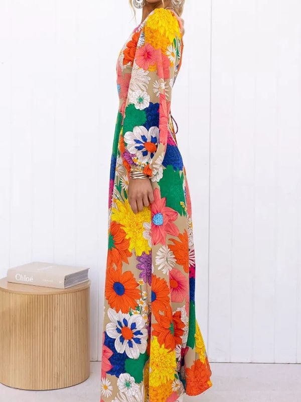 Vestido largo informal de manga larga con cordones y estampado floral para mujer