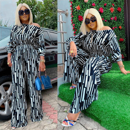 Plus Size Women Stripe Print Long-Sleeved Shoulder Loose Casual Two Pieces Suit