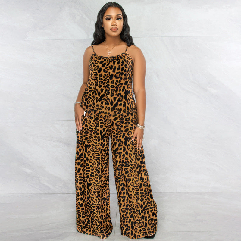 Summer Women Fashion Casual Leopard Printed Sling Wide Leg Jumpsuits