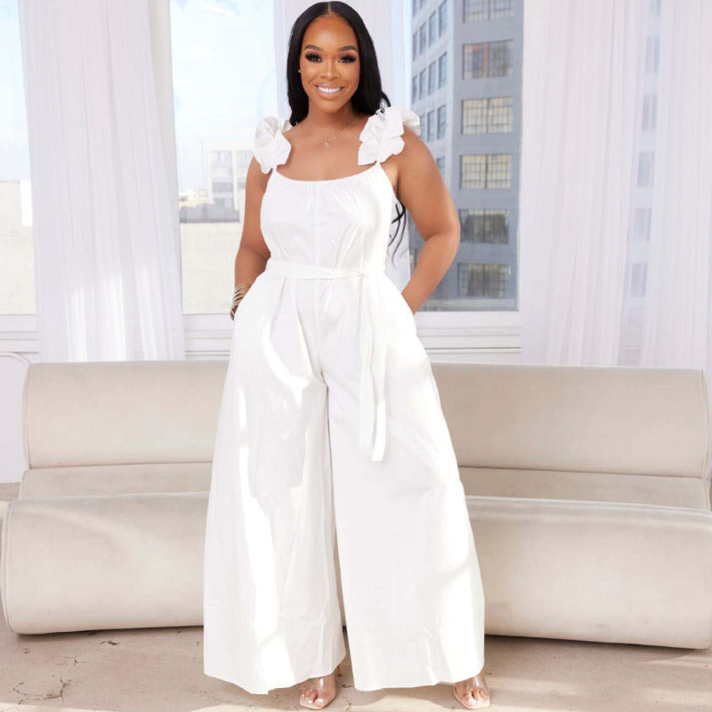 Women Fashion Casual Solid Color Ruffled Shoulder Strap Plus Size Wide Leg Jumpsuit
