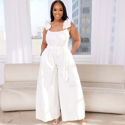 Women Fashion Casual Solid Color Ruffled Shoulder Strap Plus Size Wide Leg Jumpsuit