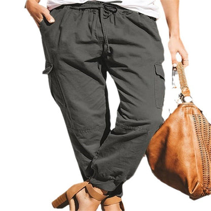 Pantalones cargo con bolsillos casuales de moda de color sólido para mujer