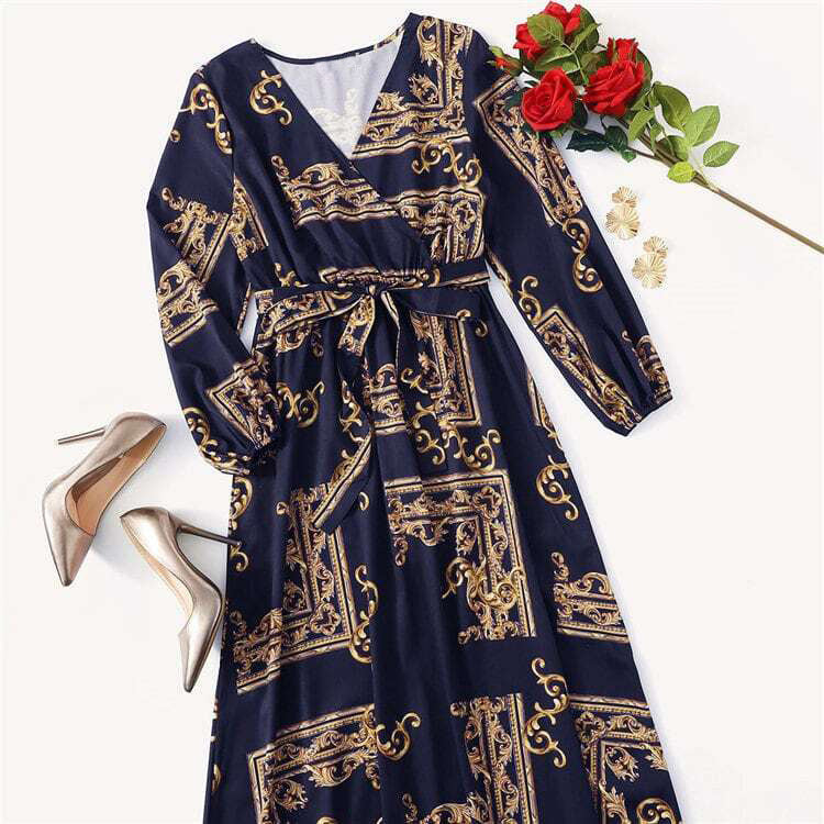 Long Sleeve Dress Women Vintage Boho Style V Neck Casual Maxi Dress