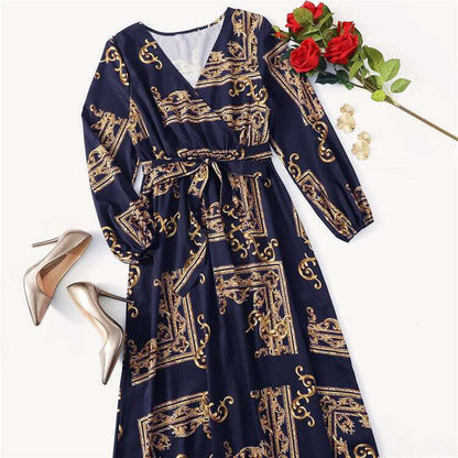 Long Sleeve Dress Women Vintage Boho Style V Neck Casual Maxi Dress