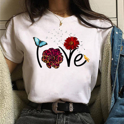 Camiseta informal de manga corta con estampado de letras de amor para mujer