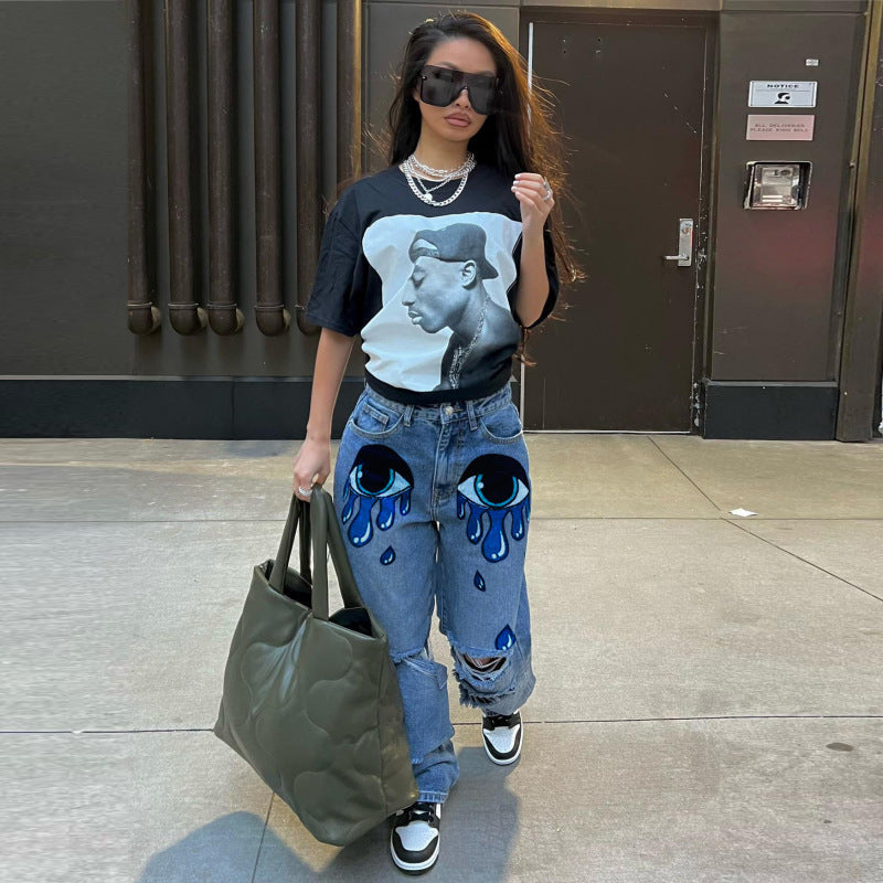 Vaqueros de pierna ancha con estampado de ojos rotos e informales para mujer