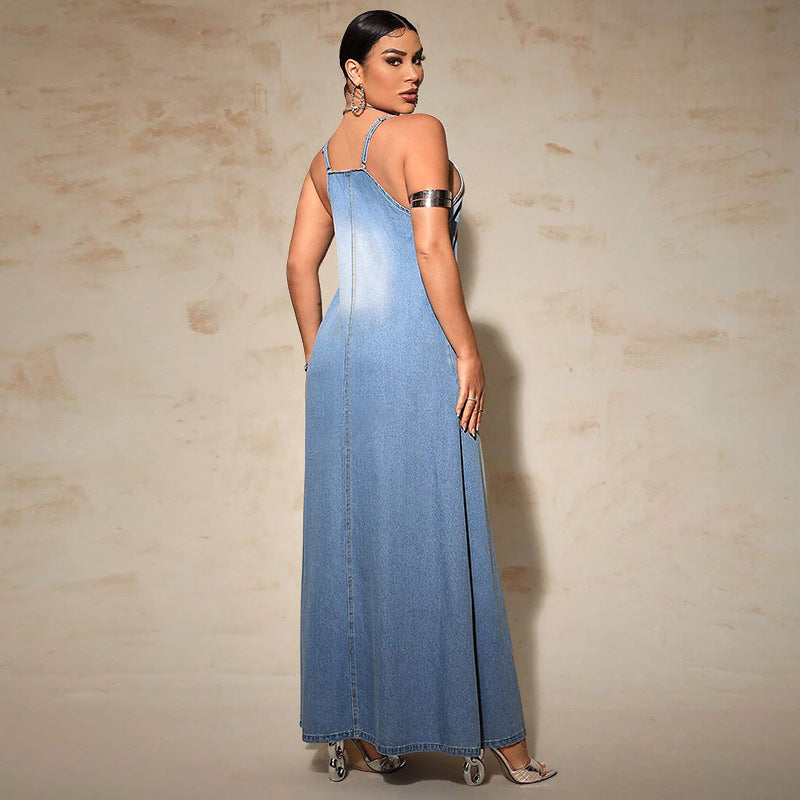 Women Fashion Casual Simple Sleeveless Camisole Denim Dress