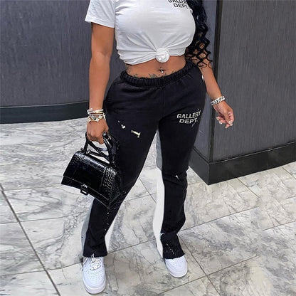 Athleisure Women Straight High Waist Stitching Casual Sports Pants