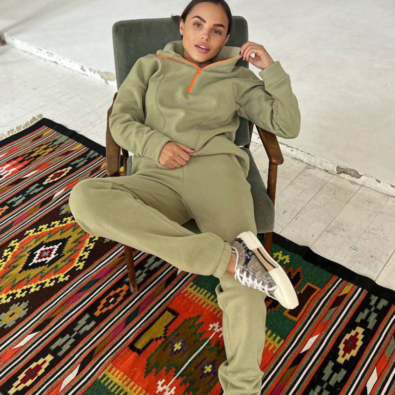 Conjunto de dos piezas de suéter y pantalones de manga larga con cremallera y solapa informal para mujer Otoño Invierno