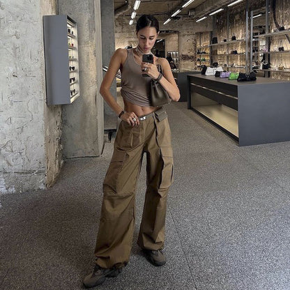 Pantalones cargo vintage de cintura baja, holgados, con múltiples bolsillos, informales y de pierna ancha para mujer