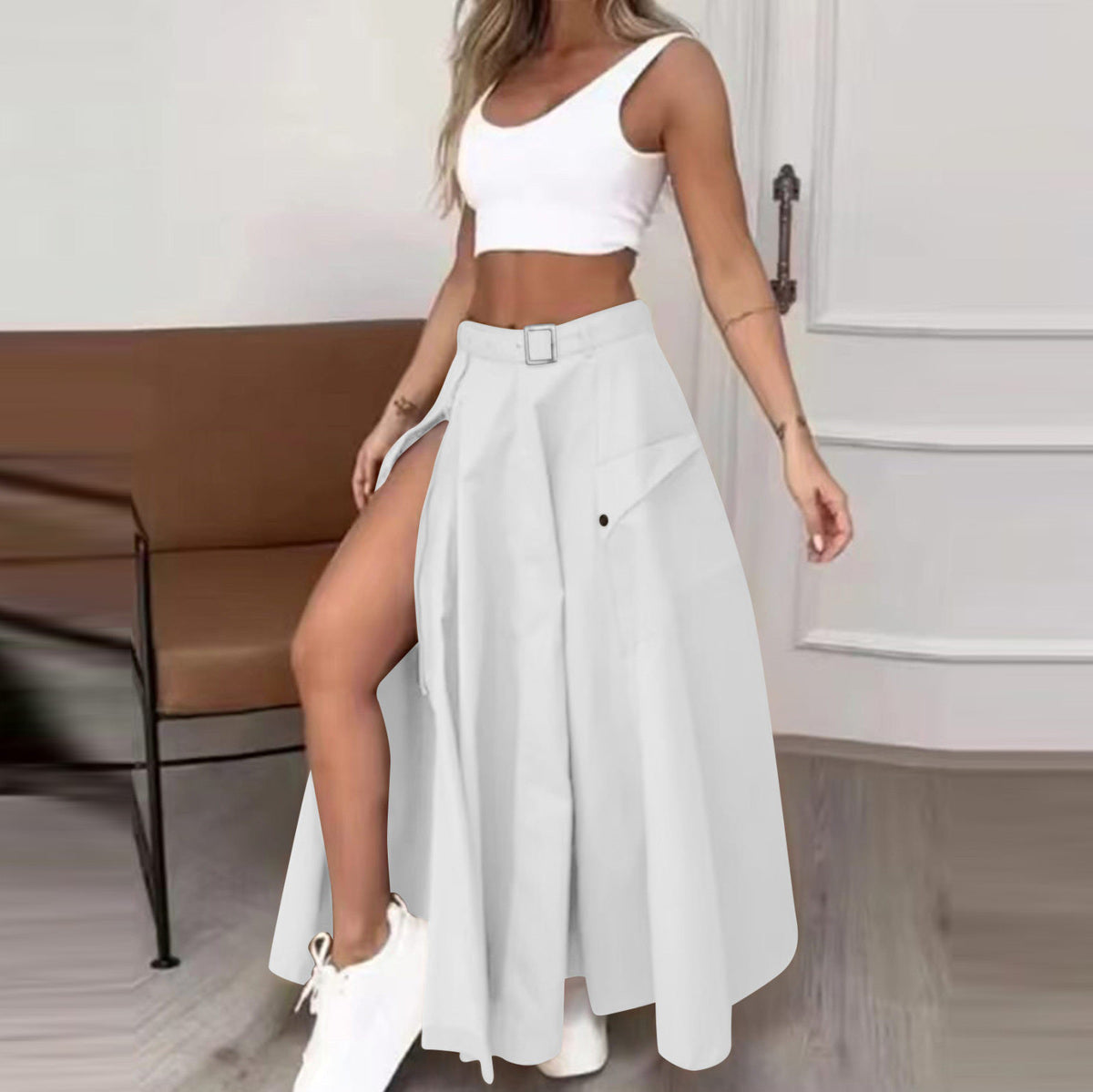Women Fashion Casual Solid Color Split Skirt