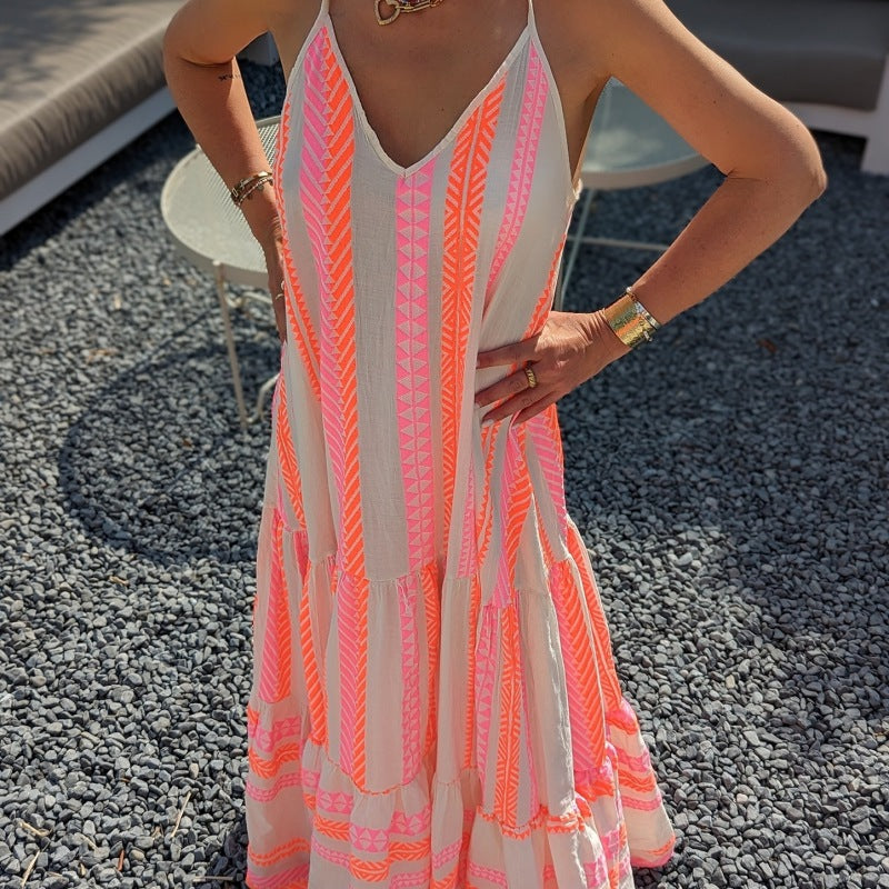 Vestido largo informal con cuello en V y estampado geométrico para mujer