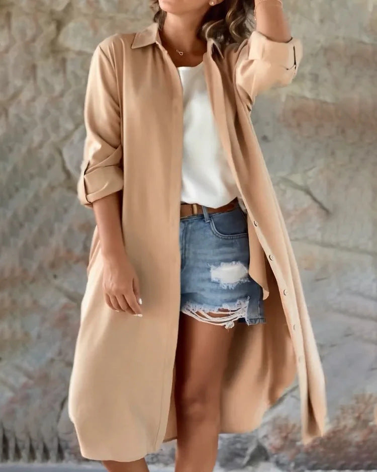 Abrigo tipo camisa con botones largos para mujer, informal, holgado, de color liso, a la moda