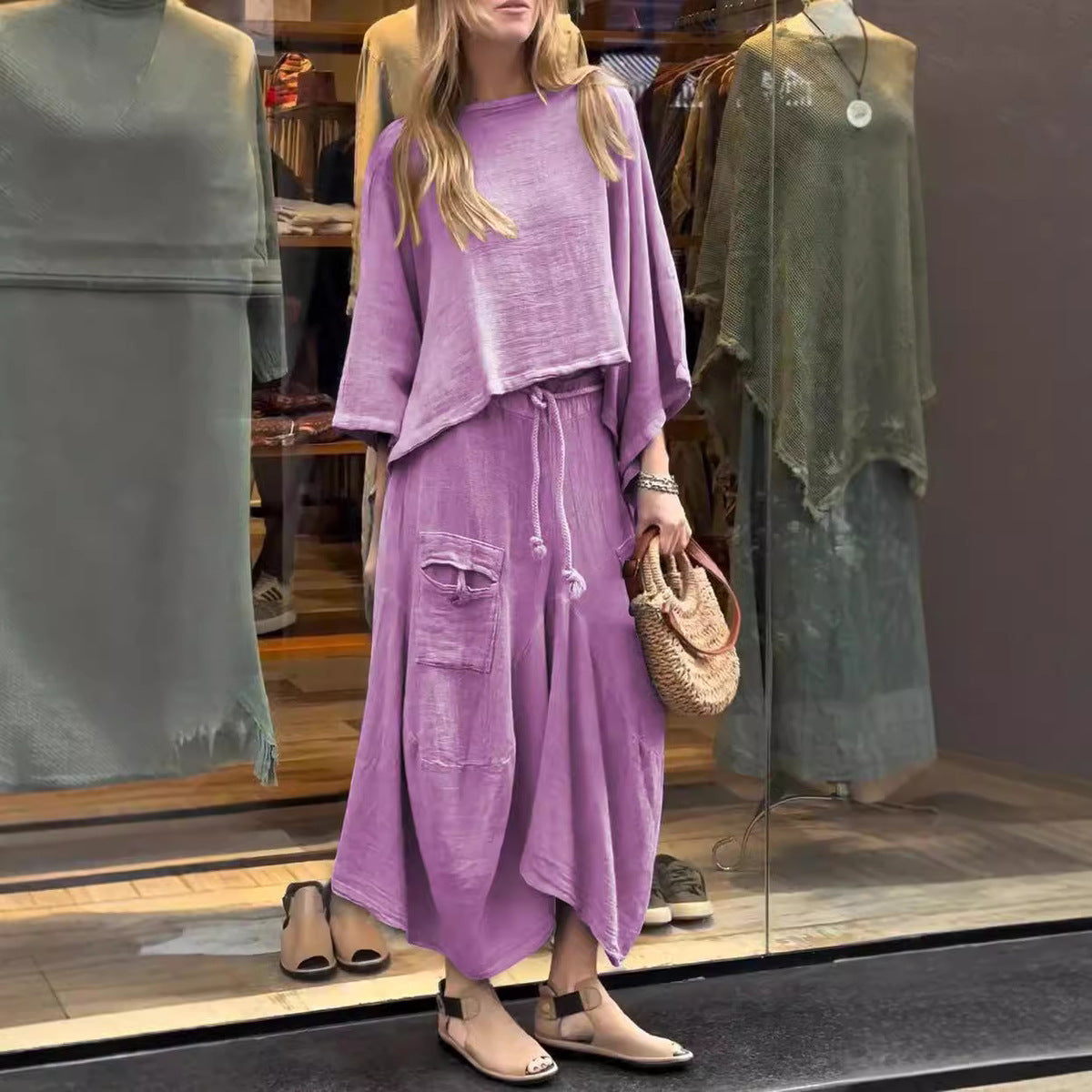 Conjunto de dos piezas para mujer, informal, de color liso, holgado, de manga larga, con falda irregular y cordones