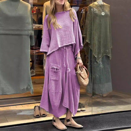 Conjunto de dos piezas para mujer, informal, de color liso, holgado, de manga larga, con falda irregular y cordones